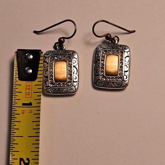Brighton Rectangle Drop Earrings Silver Gold Tone Crystal Swirl Filigree - Picture 2 of 5